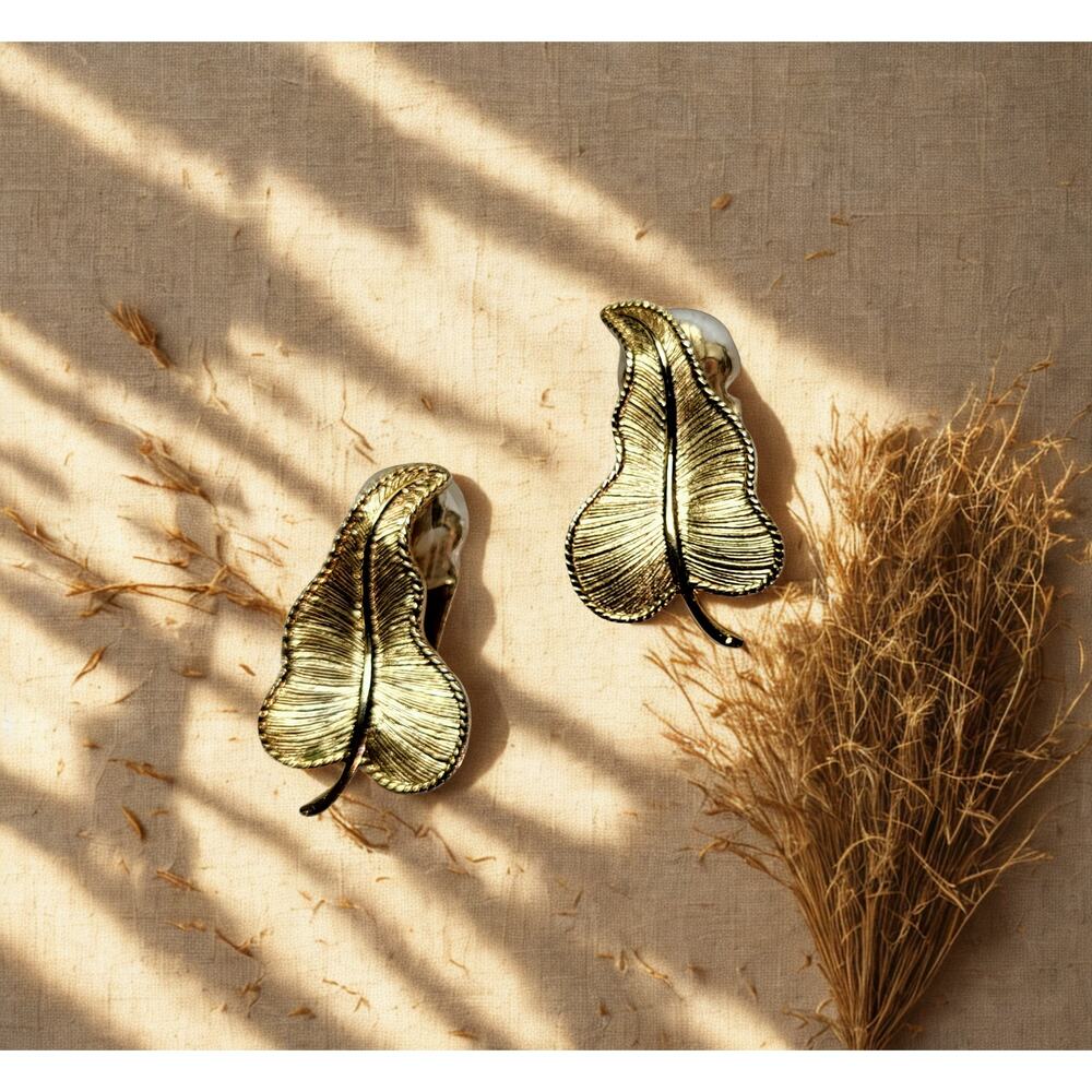 Gold Tone Leaf Statement Earrings - Clip-on